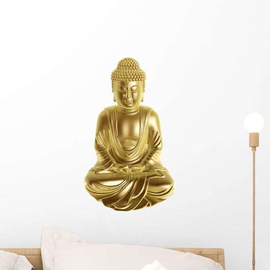 Golden Buddha Sitting Cross-Legged on White Background Wall Decal