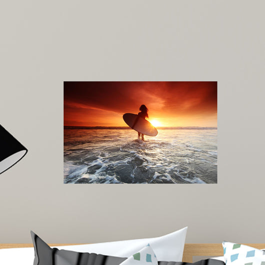 Beach Sunset Surfer Woman Wall Decal