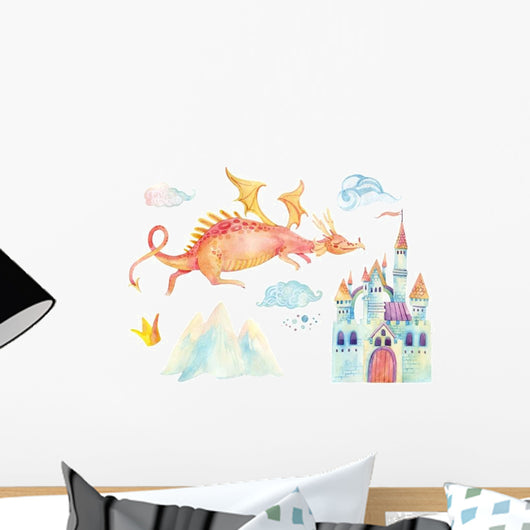 Watercolor Fairy-tale Dragon Castle Wall Decal Sticker Set