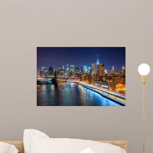 New York City night scene with Manhattan skyline and Brooklin B Wall Mural