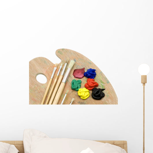 Painting Brushes and Palette on White Background Wall Mural