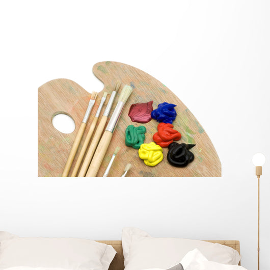 Painting Brushes and Palette on White Background Wall Mural