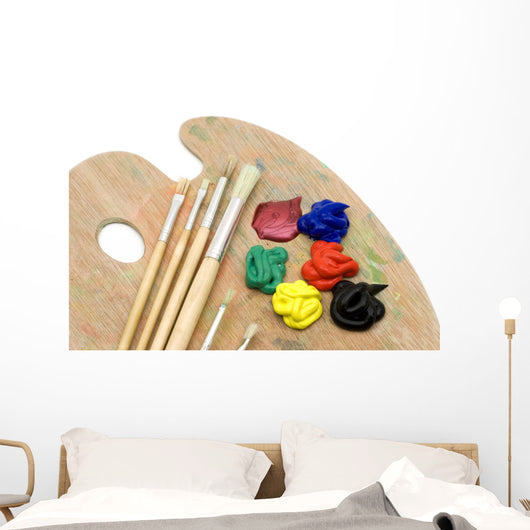 Painting Brushes and Palette on White Background Wall Mural