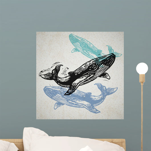 Vector Whale animals in abstract composition. Wall Mural