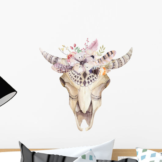 Watercolor Bohemian Cow Skull with White Flowers Wall Decal