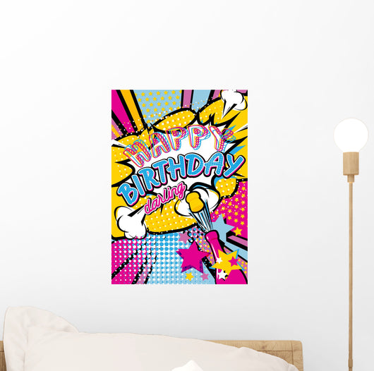 Happy birthday darling quote type illustration with champagne and stars stars in Pop art comic style. Bang, explosion decorative halftone poster template vector illustration. Wall Mural
