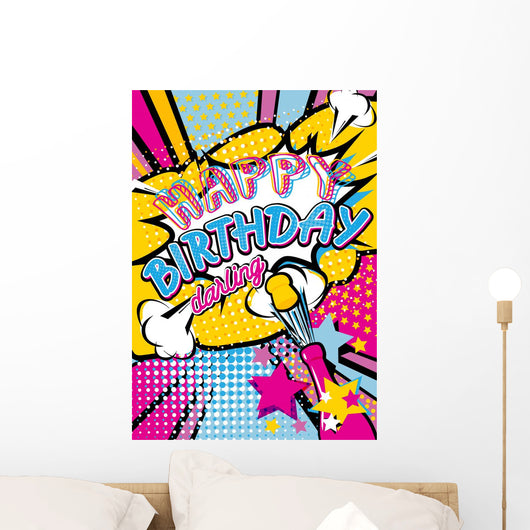 Happy birthday darling quote type illustration with champagne and stars stars in Pop art comic style. Bang, explosion decorative halftone poster template vector illustration. Wall Mural
