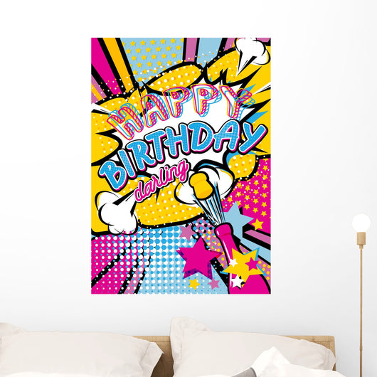 Happy birthday darling quote type illustration with champagne and stars stars in Pop art comic style. Bang, explosion decorative halftone poster template vector illustration. Wall Mural