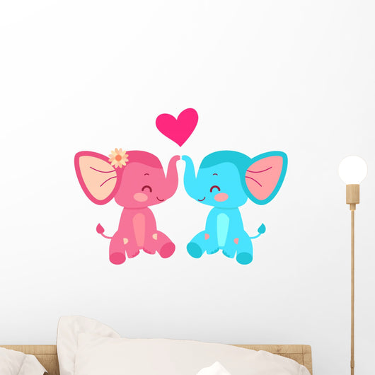 Elephant couple with heart. Cartoon illustration in vector. Wall Decal