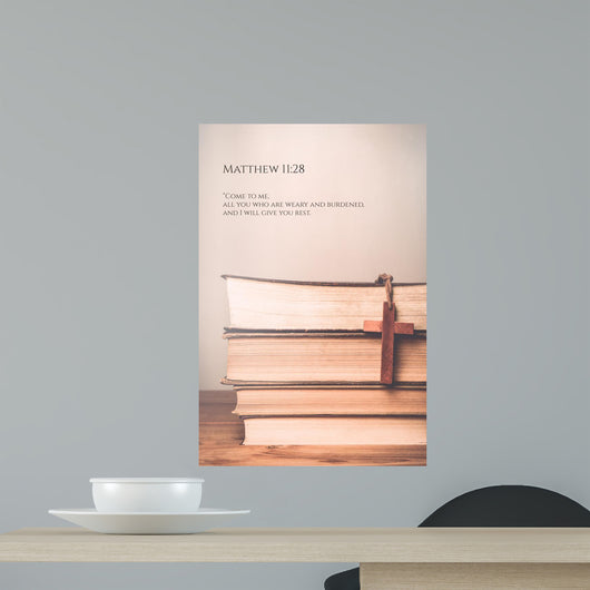 Matthew 11:28 Vintage tone of wooden cross on book background Wall Mural