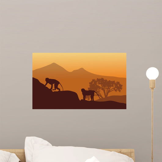 Silhouette of two monkey Wall Mural