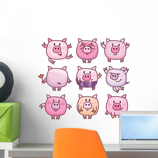Nine Cute Cartoon Pigs Wall Decal Sticker Set