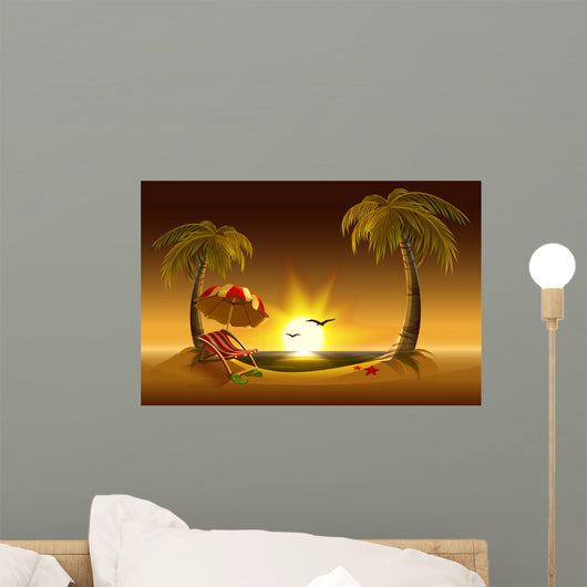 Evening beach. Sea, sun, palm trees and sand. Romantic summer vacation Wall Mural