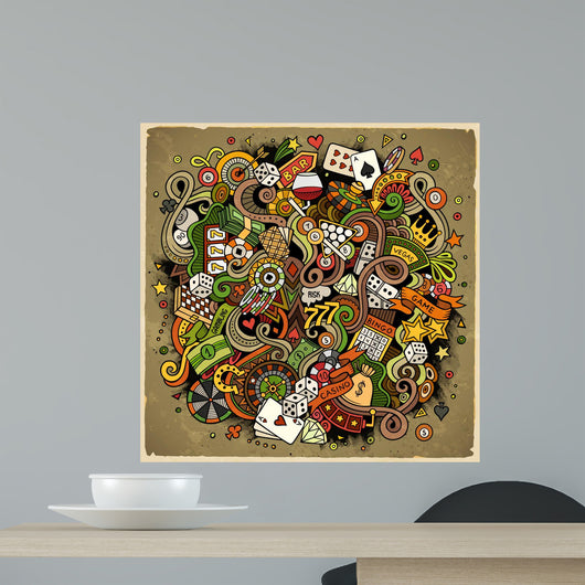 Cartoon hand-drawn doodles casino, gambling illustration Wall Mural