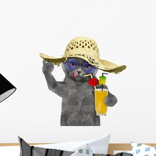 cat have a rest in summer with a glass of cocktail Wall Decal