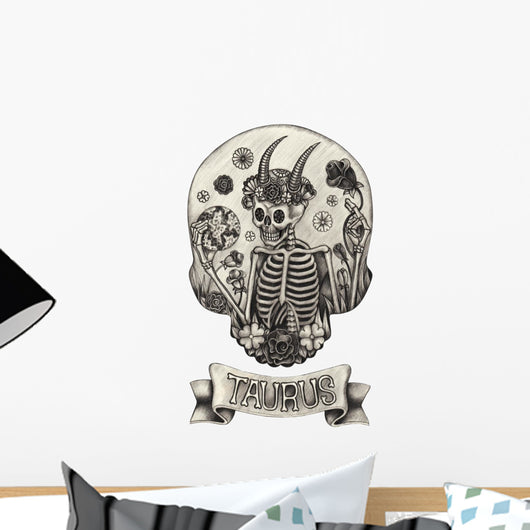 Zodiac Skull Taurus.Hand pencil drawing on paper. Wall Decal