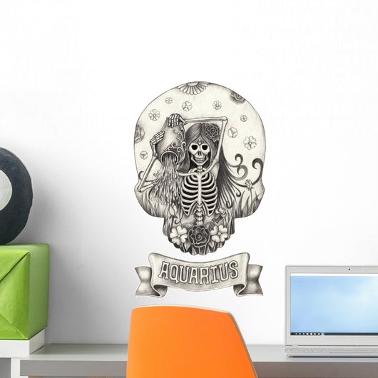 Zodiac Skull Aquarius.Hand pencil drawing on paper. Wall Decal
