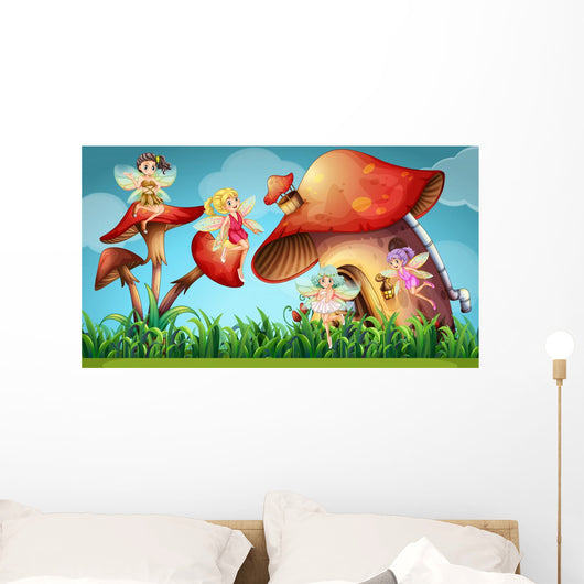 Fairies Flying Mushroom Garden Wall Decal