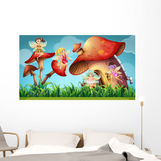 Fairies Flying Mushroom Garden Wall Decal