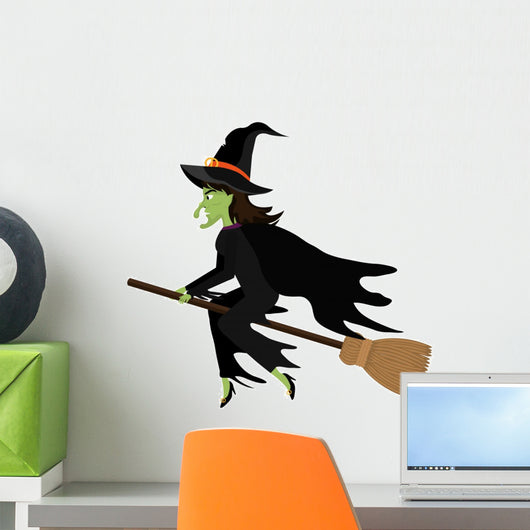 Witch flying with broomstick cartoon silhouette, vector illustration. Wall Decal