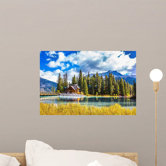 Bridge over Emerald Lake and camping Wall Mural