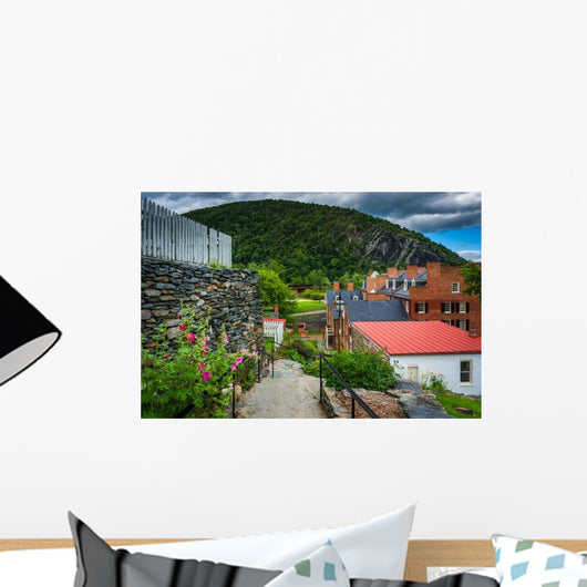 Flowers along Path and Buildings Wall Decal