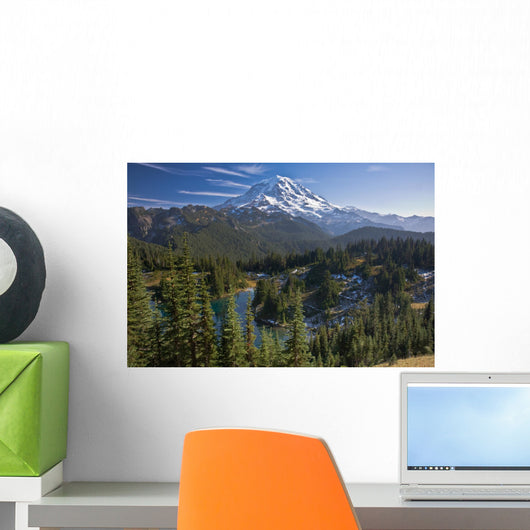 View of Mount Rainier with a lake in the foreground Wall Mural