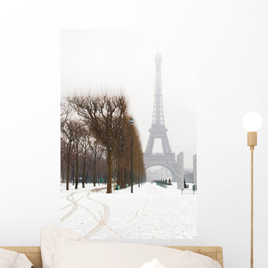 Snowy day in Paris - misty Eiffel Tower and lots of snow Wall Mural