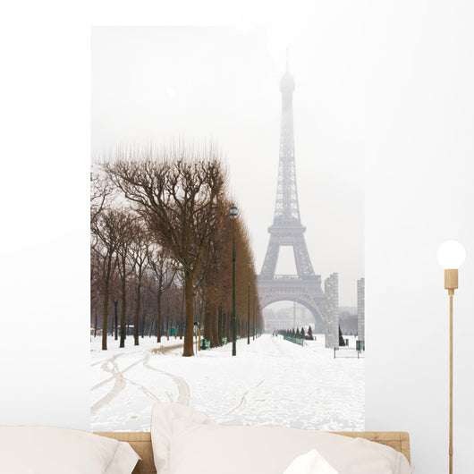 Snowy day in Paris - misty Eiffel Tower and lots of snow Wall Mural