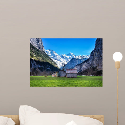 House in valley, Lauterbrunnen, Switzerland Wall Mural