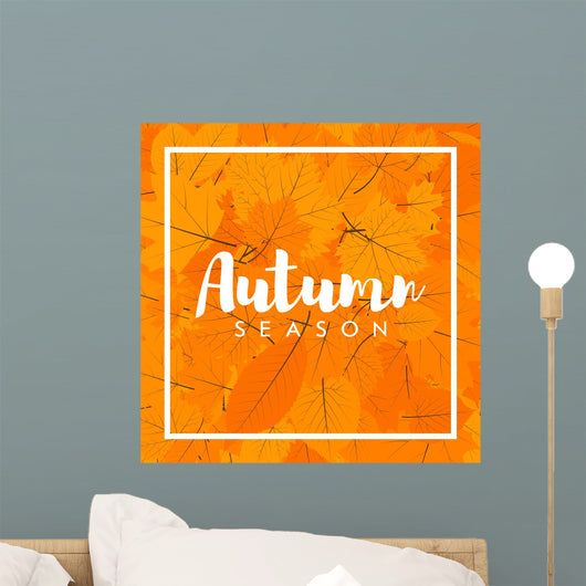 Autumn new season of sales and discounts, deals and offer. Painted lettering with his hands. Label and banner template with yellow red leaves Wall Mural