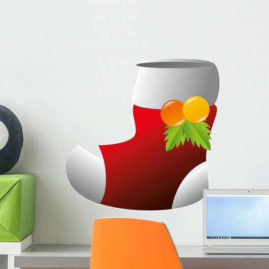 red sock christmas decoration boot tradition leaves vector illustration Wall Decal