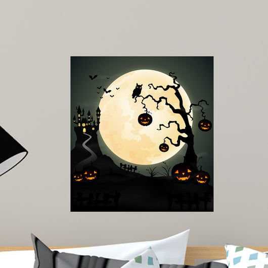 Halloween night background with pumpkin, castle and full moon Wall Mural