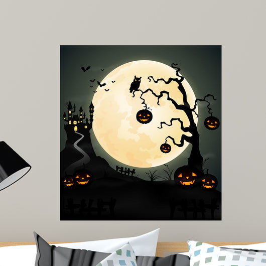 Halloween night background with pumpkin,  castle and full moon Wall Mural