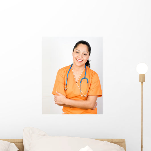 Happy Hispanic Health Care Technician Isolated on White Wall Decal