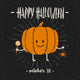 Cutie pumpkin with candy and a pet spider in his hands - Halloween hand drawn vector illustration. Wall Mural