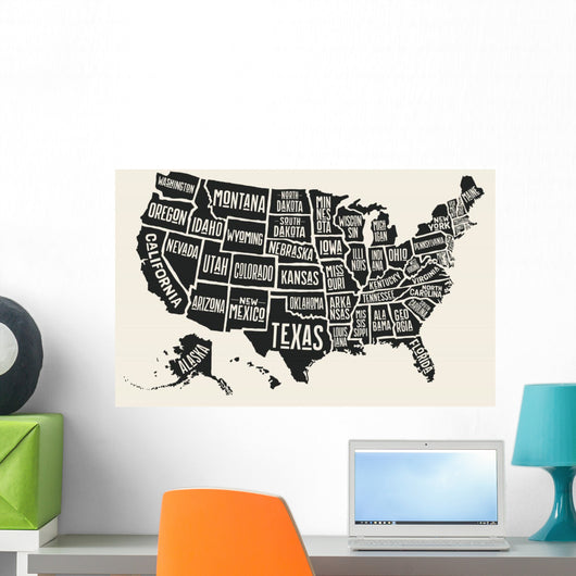 Poster map of United States of America with state names. Black and white print map of USA for t-shirt, poster or geographic themes. Hand-drawn black map with states. Vector Illustration Wall Mural