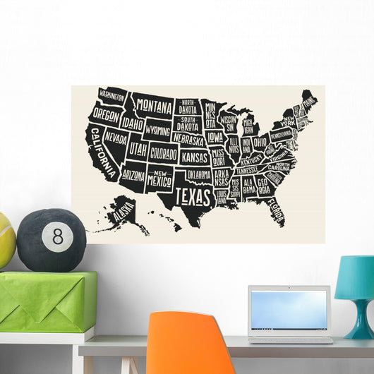 Poster map of United States of America with state names. Black and white print map of USA for t-shirt, poster or geographic themes. Hand-drawn black map with states. Vector Illustration Wall Mural