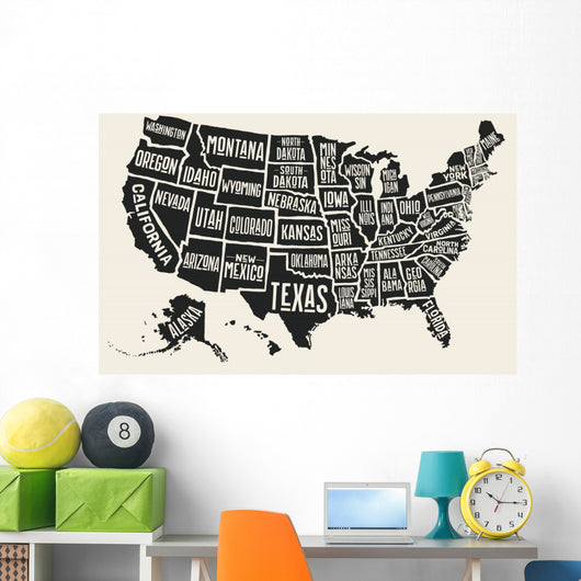 Poster map of United States of America with state names. Black and white print map of USA for t-shirt, poster or geographic themes. Hand-drawn black map with states. Vector Illustration Wall Mural