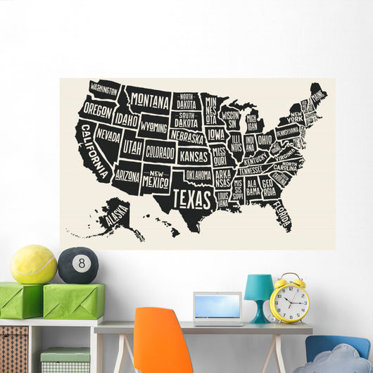 Poster map of United States of America with state names. Black and white print map of USA for t-shirt, poster or geographic themes. Hand-drawn black map with states. Vector Illustration Wall Mural