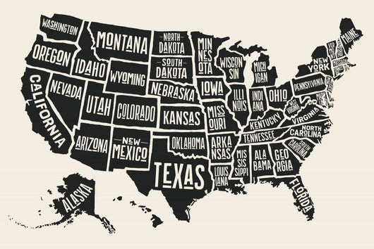 Poster map of United States of America with state names. Black and white print map of USA for t-shirt, poster or geographic themes. Hand-drawn black map with states. Vector Illustration Wall Mural