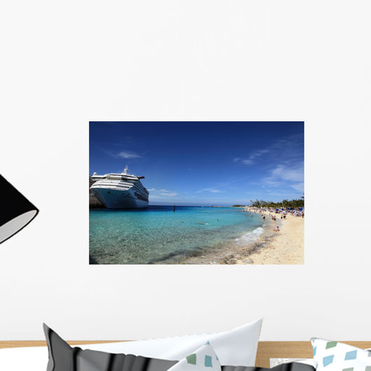 Cruise ship docked in tropical island beach port Wall Mural