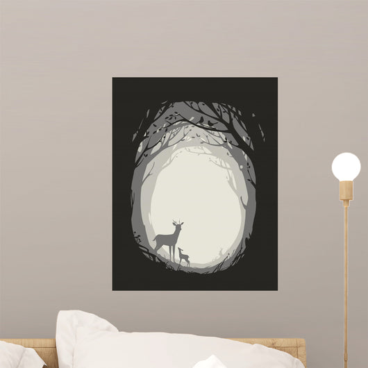 natural background with trees, plants, deer, rabbit and birds. vector illustration Wall Mural