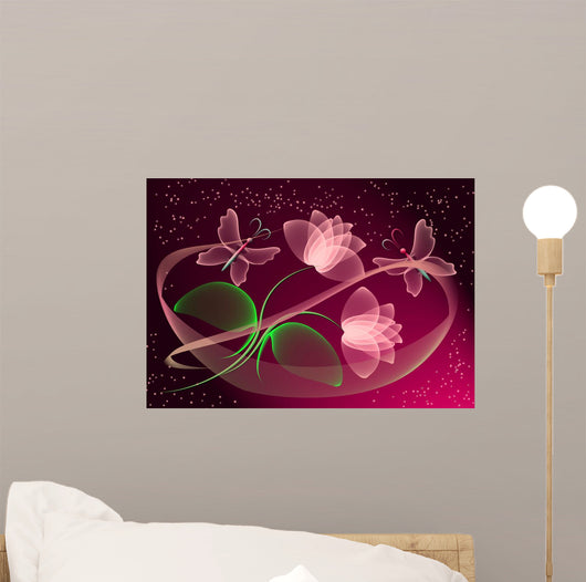 Transparent Flowers and Butterfly Wall Mural