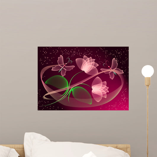 Transparent Flowers and Butterfly Wall Mural