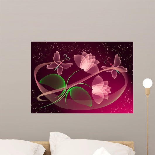 Transparent Flowers and Butterfly Wall Mural