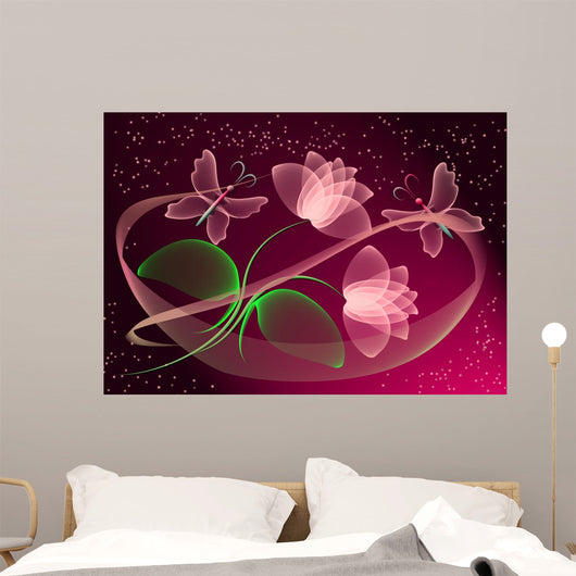 Transparent Flowers and Butterfly Wall Mural