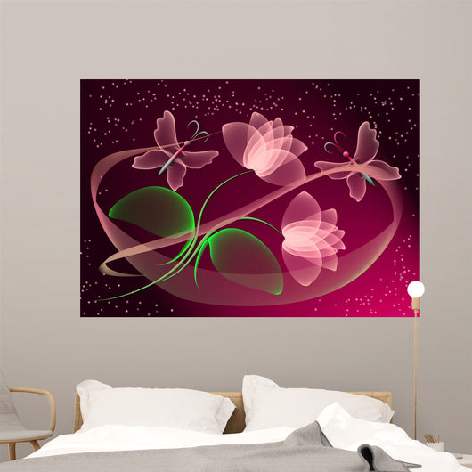 Transparent Flowers and Butterfly Wall Mural