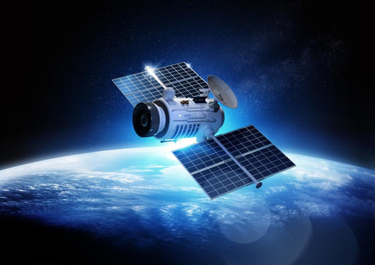 Communications Satellite orbiting and relaying information data back to earth. 3D Illustration. Wall Mural