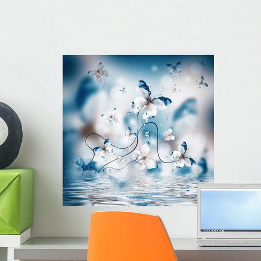 Amazing butterfly fairy of flowers, hydrangeas and iris. Wall Mural